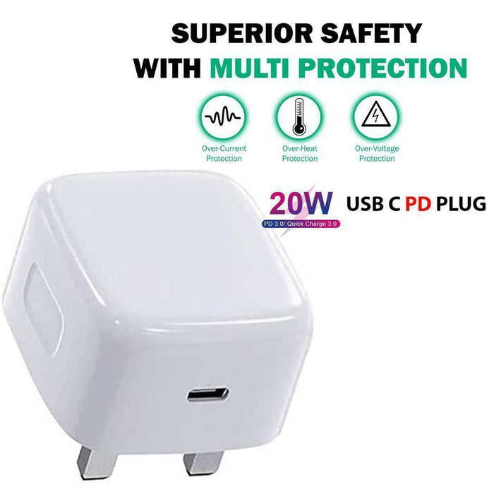USB-C Fast Charging PD Mains Charger Plug 20W For iPhone Samsung Huawei Nokia Motorola Nintendo Universal Compatible