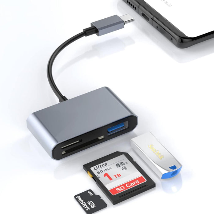 Multifunctional USB hub with SD card, USB flash drive, and laptop on a white background