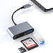 Multifunctional USB hub with SD card, USB flash drive, and laptop on a white background