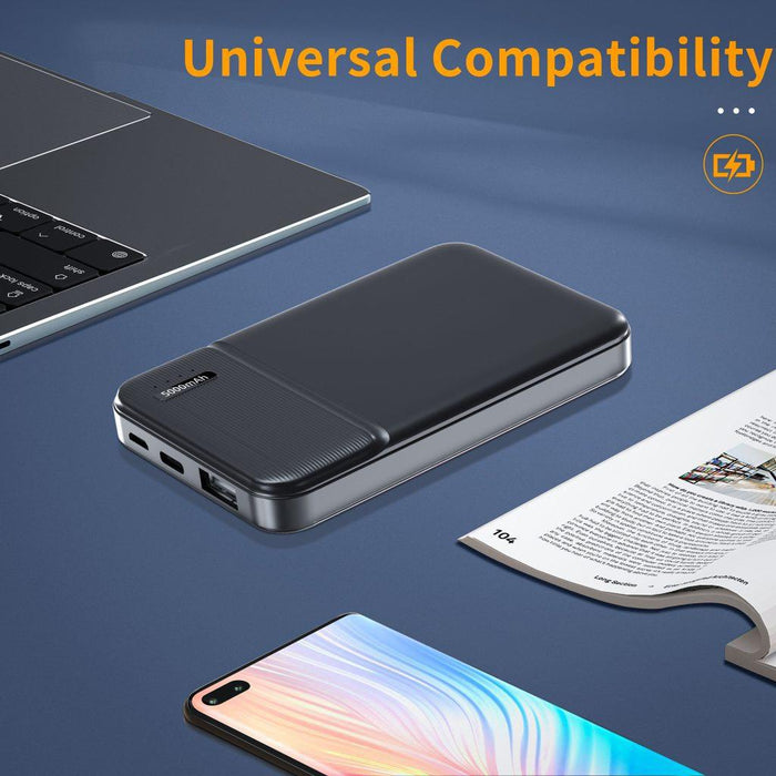 5000mAh Mini Power Bank – Ultra Slim Dual Port Portable Charger (USB-C & Micro Input)