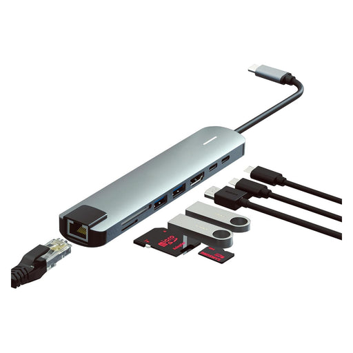 Multifunctional USB hub with multiple ports and cables on a white background