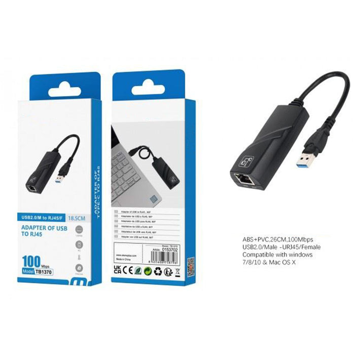 USB to RJ45 adapter with packaging on a white background