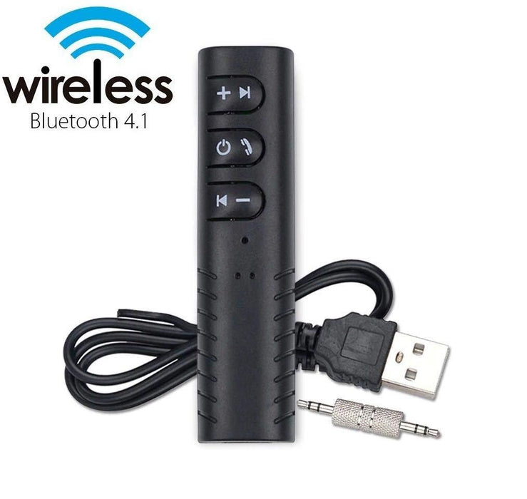 Black wireless Bluetooth audio receiver with USB and 3.5mm jack on a white background