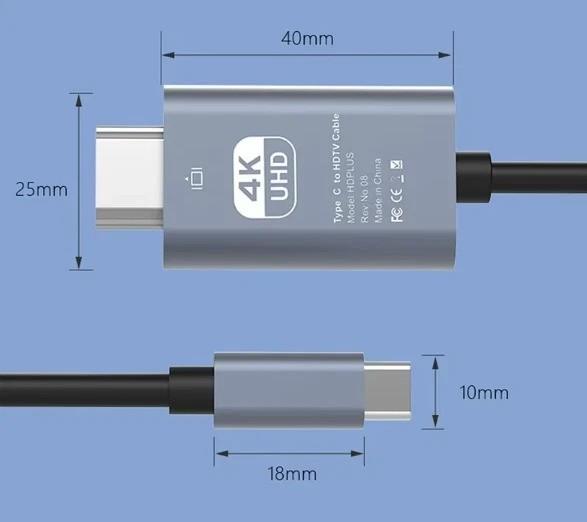 4K UHD USB-C to HDMI adapter with dimensions on a blue background