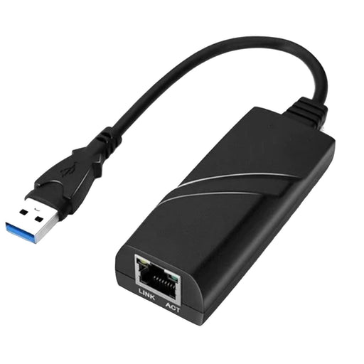 Black USB to Ethernet adapter with cable on a white background