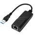 Black USB to Ethernet adapter with cable on a white background