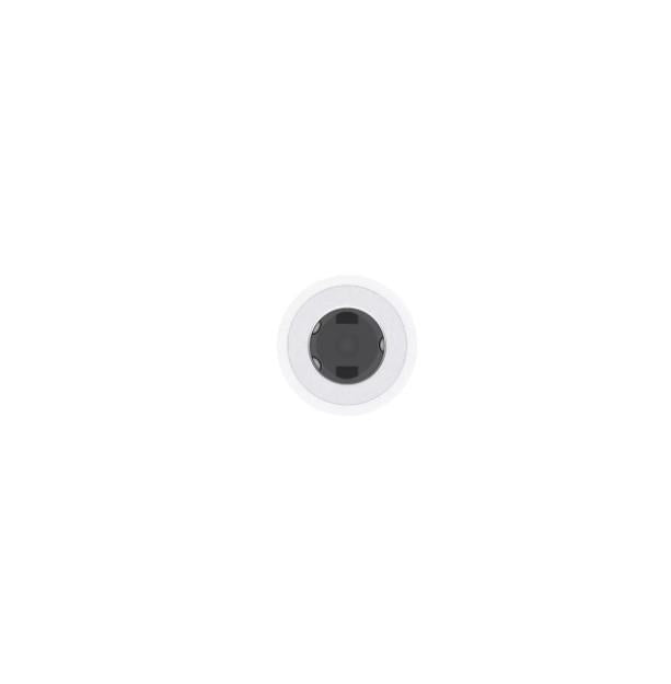 Round white object with a black center on a white background