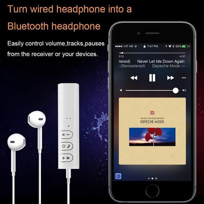 Wired headphones, Bluetooth receiver, and smartphone with music app on a dark background