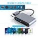USB hub with multiple ports on a white background, showing compatibility with various devices and operating systems.