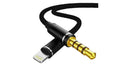 Black audio cable with gold connector on a white background