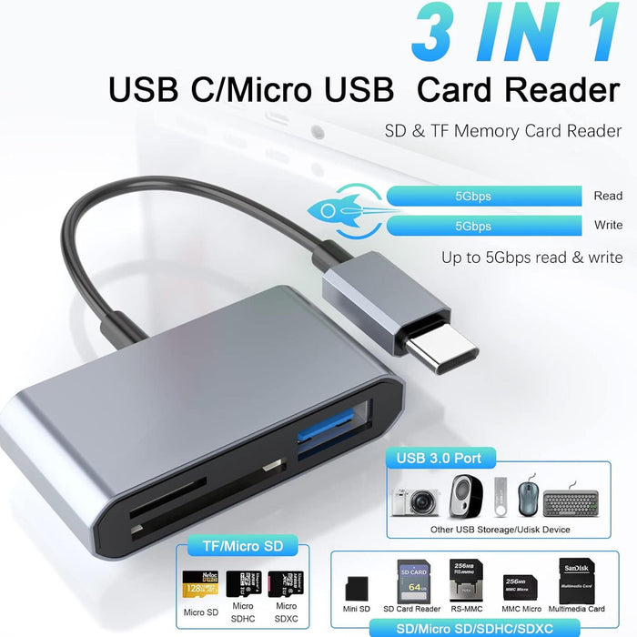 3-in-1 USB C/Micro USB card reader with USB 3.0 port on a white background