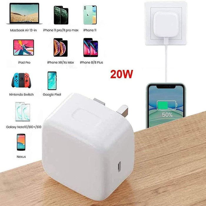USB-C Fast Charging PD Mains Charger Plug 20W [TC77A] For iPhone Samsung Huawei Nokia Motorola Nintendo Universal Compatible