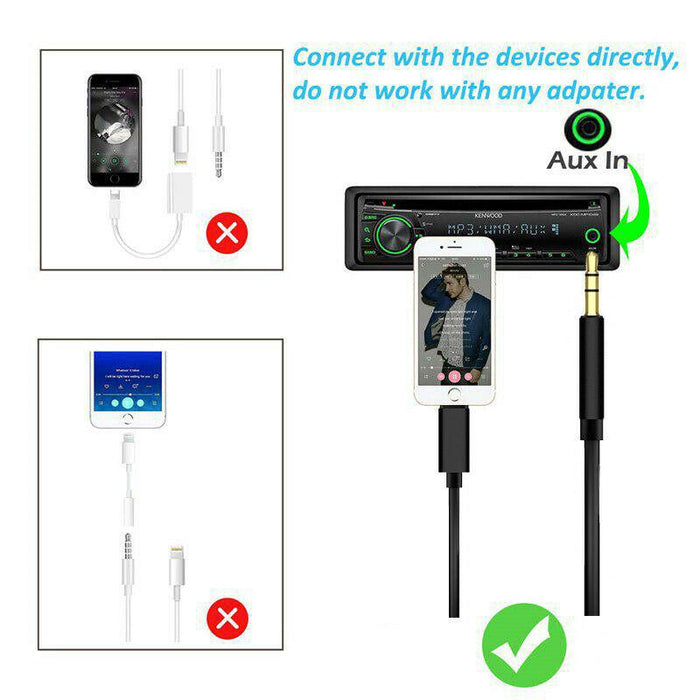 Diagram showing how to connect a smartphone to a car stereo using an aux cable without adapters.